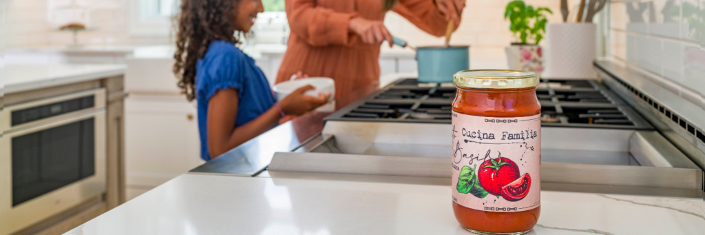 glass jar sits on kitchen counter