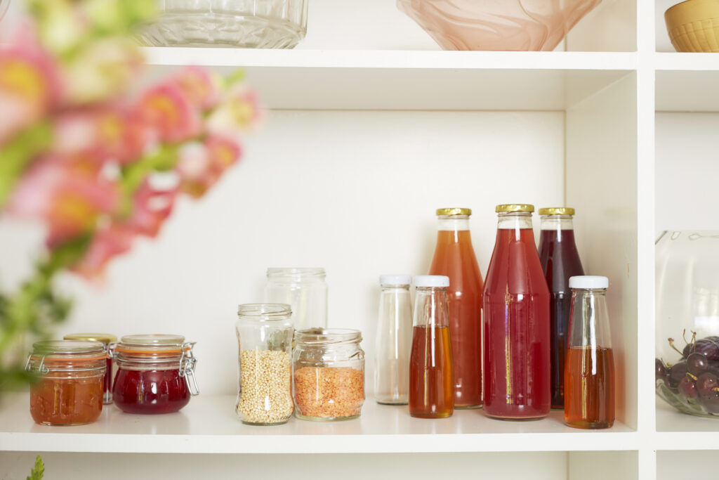 glass bottles on a shelf